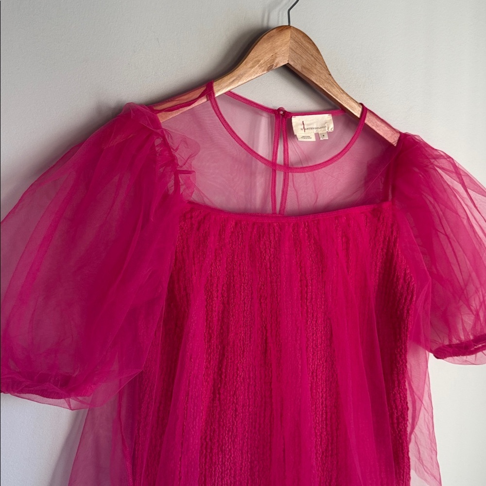 Anthropologie Sheer Magenta Puff Sleeve Top Small - Picture 6 of 10